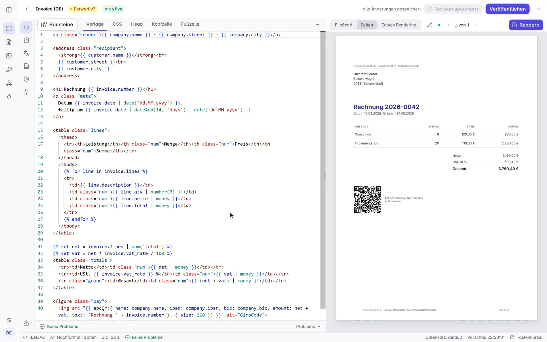 Video des Formfeed-Editors: Das API-Panel öffnet sich mit der Anfrage, die die geöffnete Vorlage rendert, ein Klick wechselt von curl zu PHP, und Testanfrage senden schickt sie durch die API und zeigt die Antwort, mit der fertigen Datei und dem JSON, das ein Programm erhält.