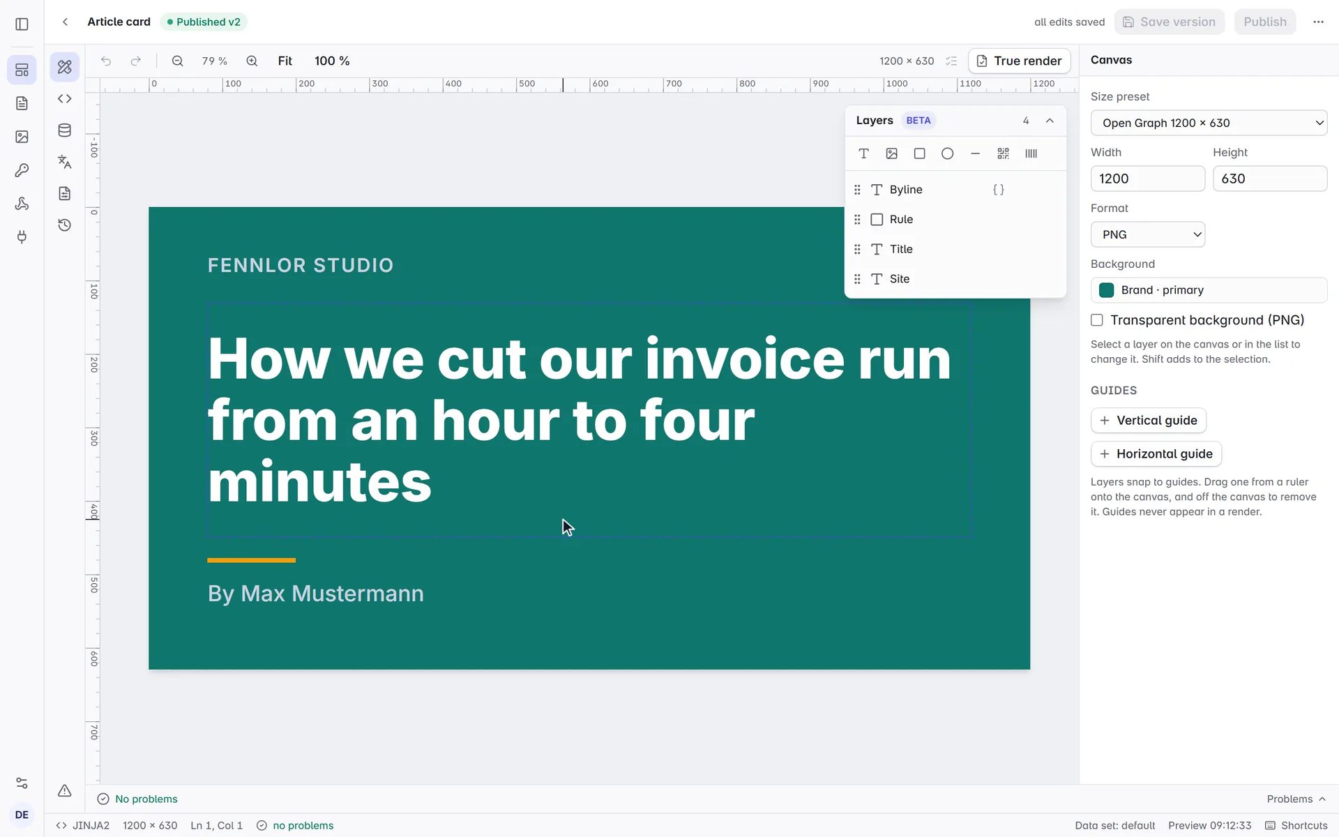 Video of the Formfeed visual editor: the title of an article card is made narrower and its text shrinks to fit, a QR code is added and dragged beside it, and the byline is extended right on the canvas.