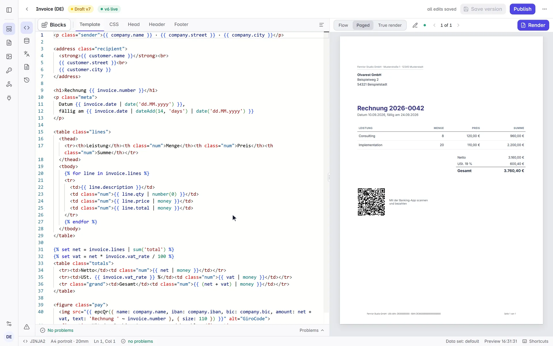 Video of the Formfeed editor: after {{ invoice. the autocomplete lists the invoice fields of the sample data, the details show the example value of each one, and the chosen field appears in the paged preview.
