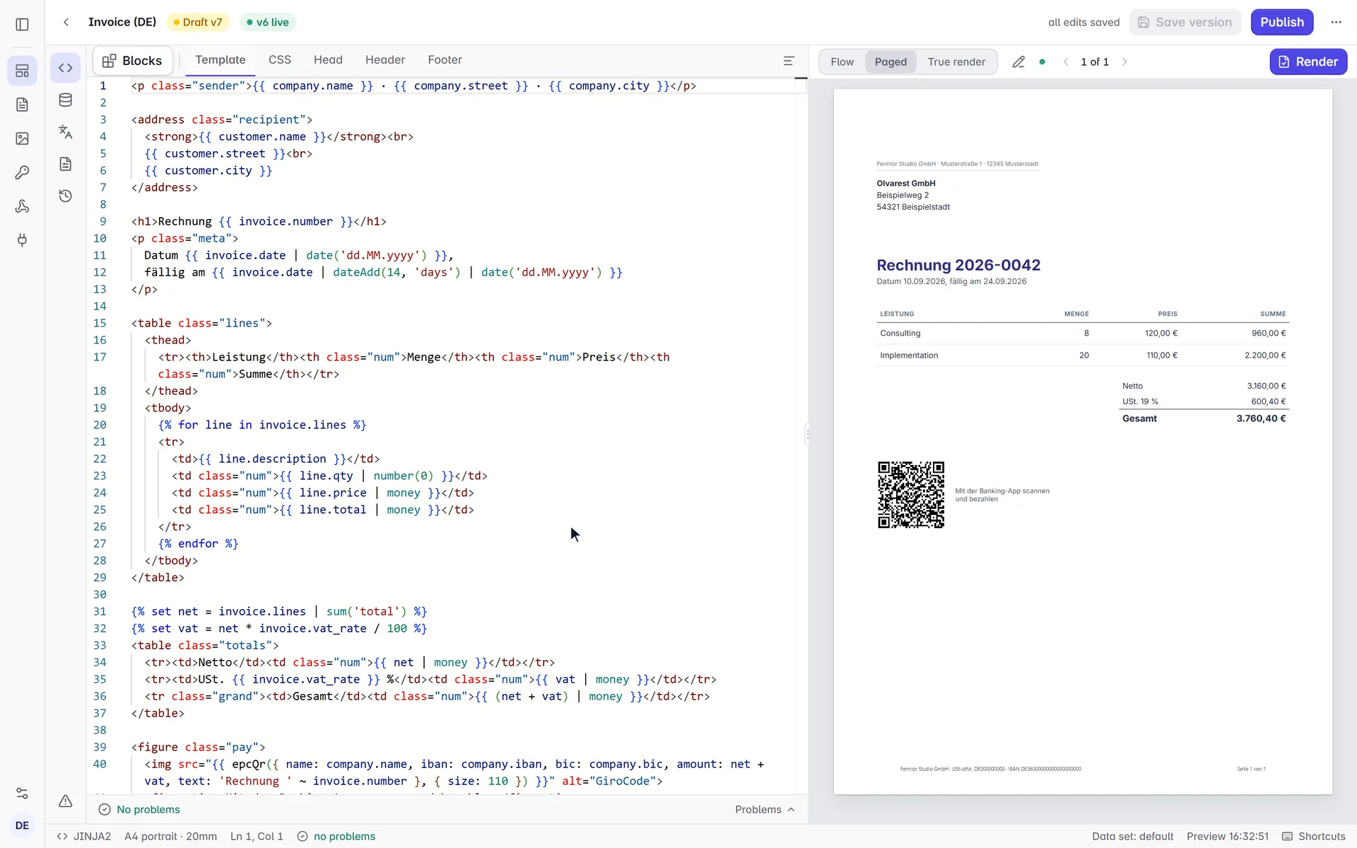 Video of the Formfeed editor: a misspelt field is underlined as it is typed, the problems list names it, and once the word is corrected the problem is gone and the preview shows the value.