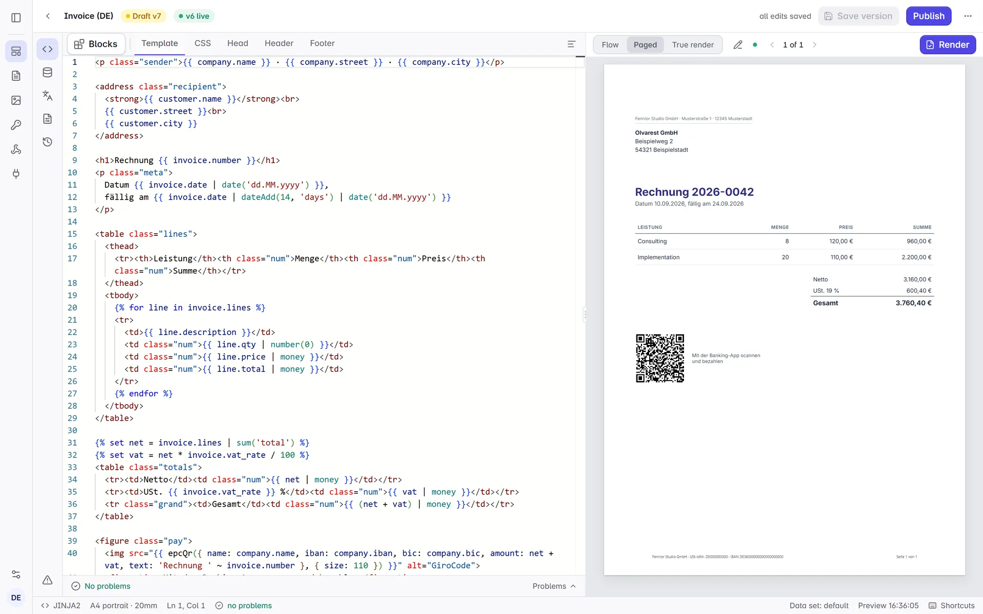 Video of the Formfeed editor: a click on Render renders the draft on the server and shows the finished PDF in the browser's own viewer, with its duration, size and page count below.